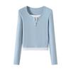 9-Button contrasting color fake two-piece T-shirt women's new design V-neck short shirt
