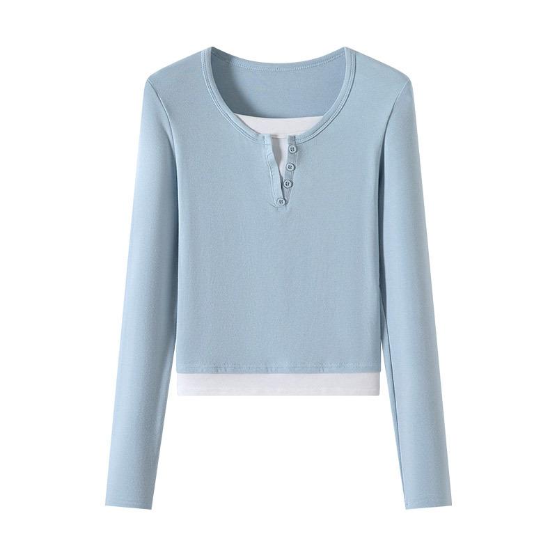 9-Button contrasting color fake two-piece T-shirt women's new design V-neck short shirt