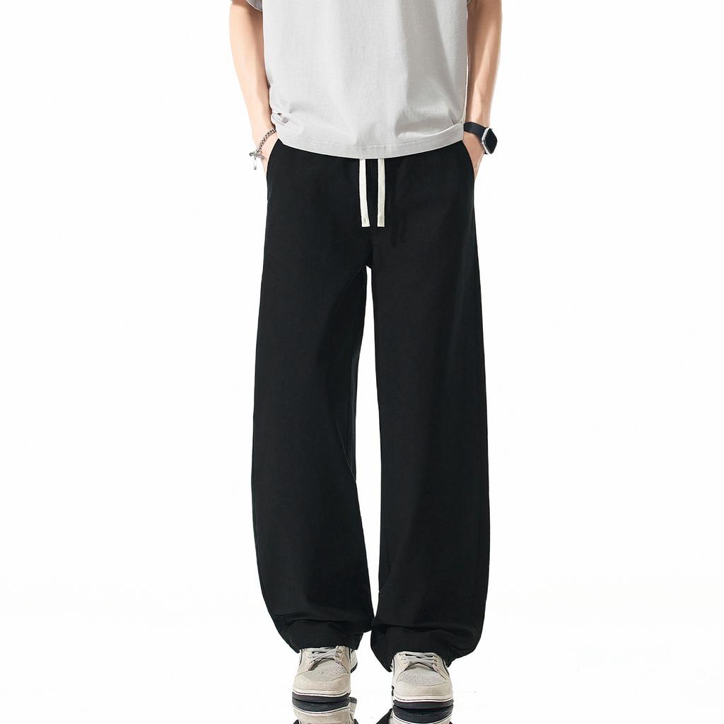 Solid Color Simple and Versatile Loose Straight Elastic Waist Long Pants Men's Trendy Wide Leg Drape Small Scimitar Casual Pants