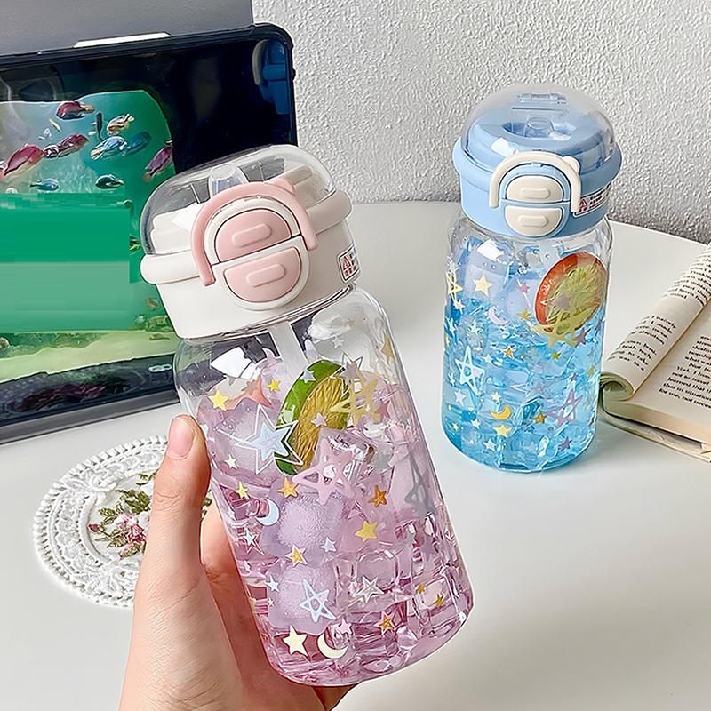Cute Water Bottle With Straw Portable Plastic Pop-Up Cover Water Cup For Kid Kawaii Bottle Water Leak-Proof Cute Drinking Bottle