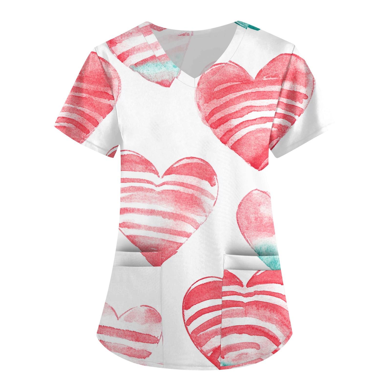 

Жіночий модний робочий одяг з V-подібним вирізом і короткими рукавами з кишенями Топ з принтом до Дня святого Валентина XL білий