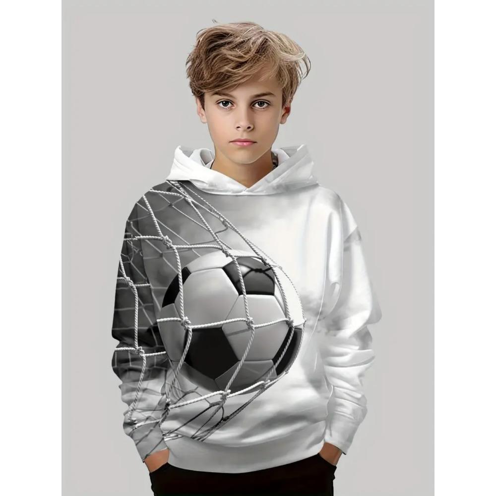Boys' 3D Soccer Ball Harajuku Print Hoodie Casual Polyester Long Sleeve, Slight Stretch, Hooded Outdoors Sweatshirt for Running