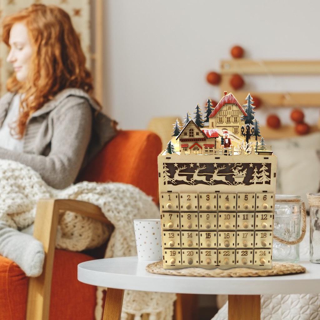 Kreativní 24denní vánoční adventní kalendář Dřevěná dekorace vesnické scény