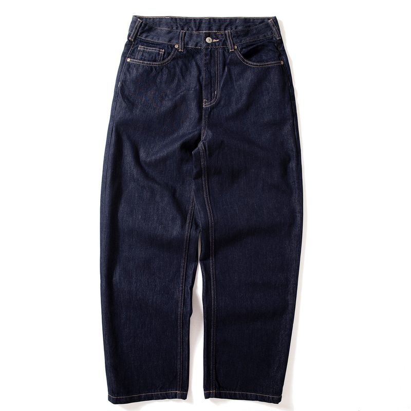 Men's Autumn Pants with Heavy Texture, Loose Fit, Dad-Style, American Retro Design with Visible Stitching, Dark Blue Straight-Leg Jeans
