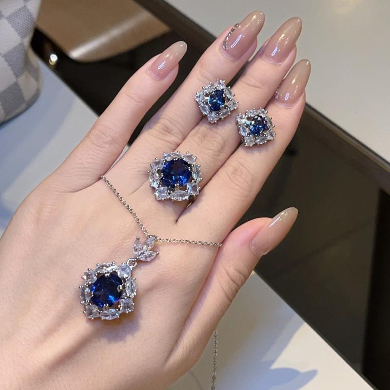 Luxurious Sapphire Gemstone Jewelry Set: Brilliant Ring, Necklace, Earrings
