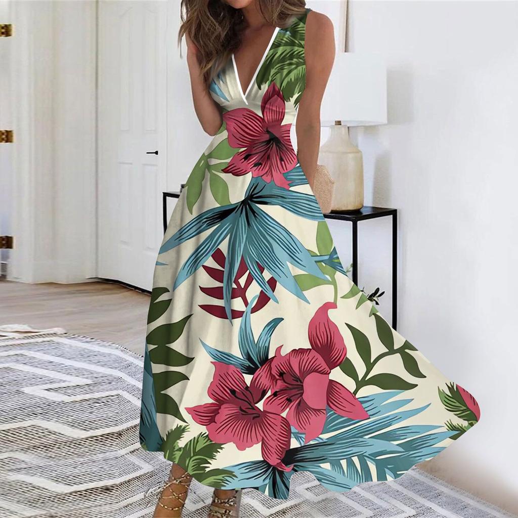 Women's Fashion Summer Floral Print V-Neck Sleeveless Tunic Casual Dresses