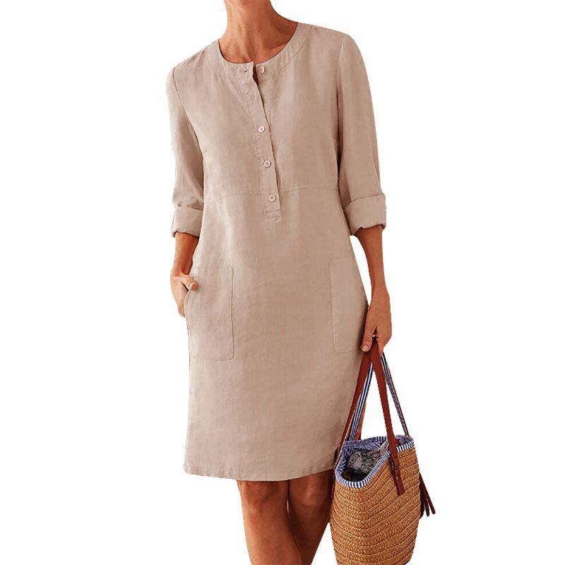 2024 Spring Women's Plus Size Long Sleeve Cotton Linen Round Neck Dress