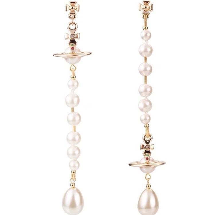 Empress Cixi Asymmetrical Saturn Pearl Tassel Earrings for Women