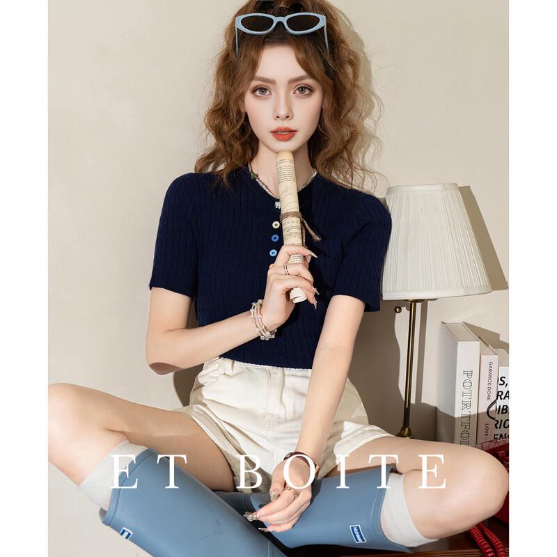 ET BOITE Women's Summer Slim Knit T-Shirt with Colored Buttons