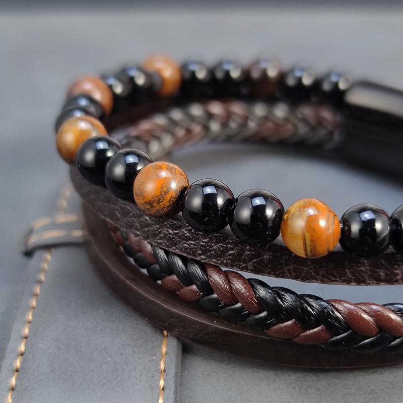 2026 New Beads Tiger's Eye Stone Bracelet for Men Four Layers Leather Bracelet with Stainless Steel Magnet Male Jewelry Gift