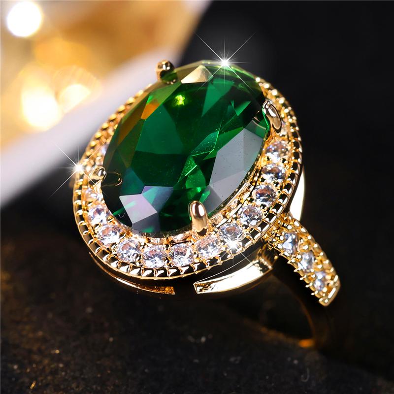 Cute Female Big Oval Green Zircon Stone Engagement Ring Vintage Gold Color Wedding Jewelry For Women