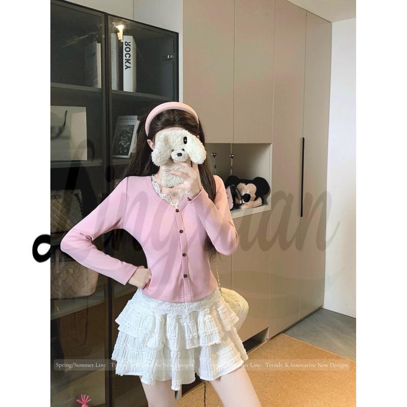 

Spring 2026 Plus Size Women’s Lace Ruffle V-Neck Long Sleeve Top - Sweet Design Patchwork XL рожевий