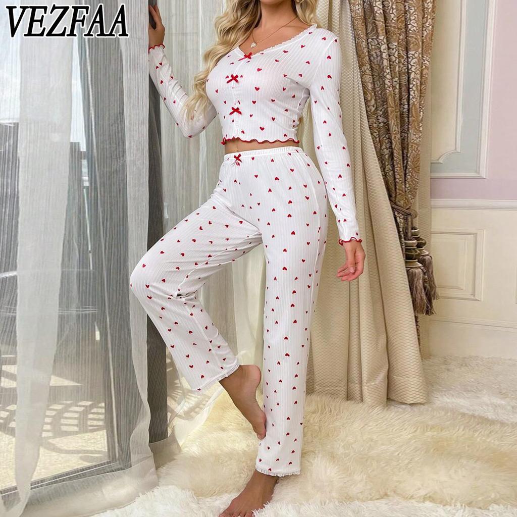 VEZFAA Women's Fashion Casual Spring Autumn Love Letter Print Long Sleeve V-Neck Trousers Pants Suits