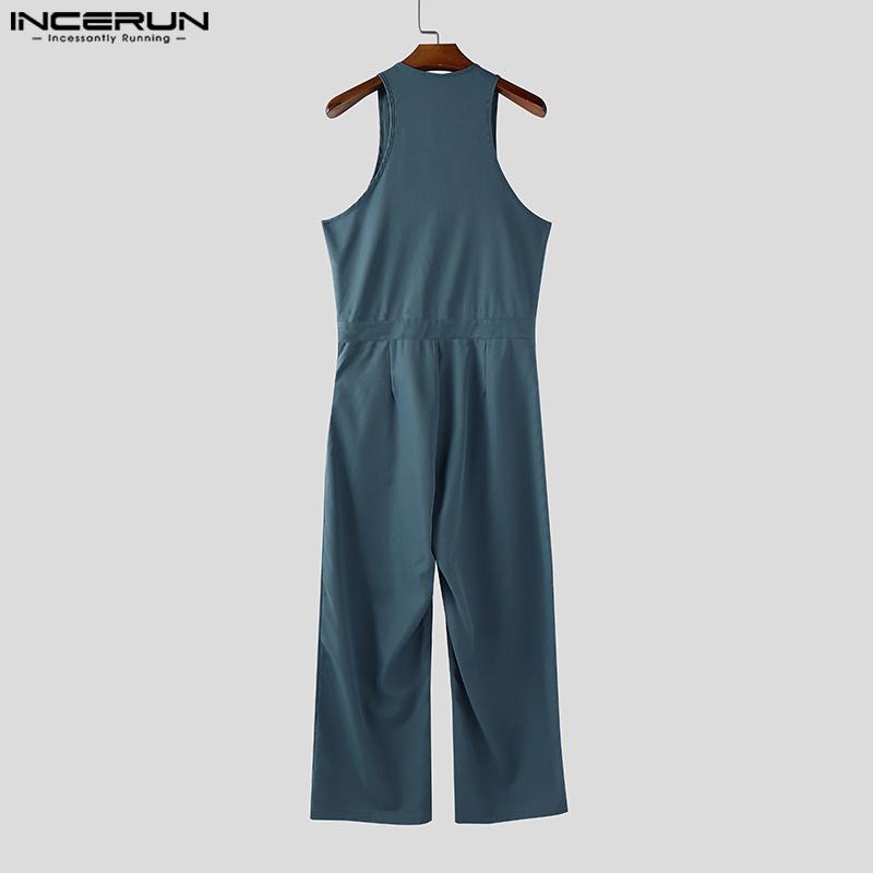 INCERUN Men Deep V Neck Zip-up Casual Long Rompers Jumpsuits