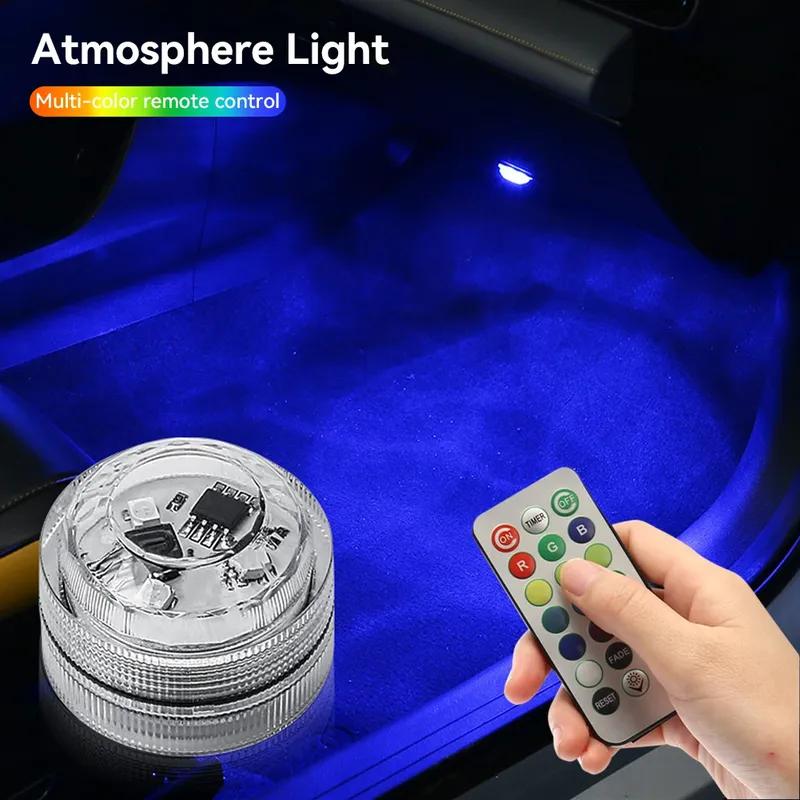 Luce Ambientale LED Adesiva Wireless per Interni Auto Telecomando Decorazione Lampada Atmosfera Tetto Auto Piedi con Batteria Colorata