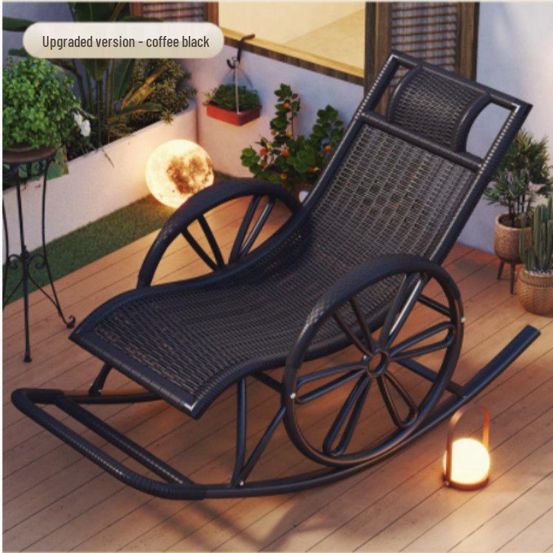 Adult Rattan Rocking Chair: Steel-Framed Recliner for Leisure and Napping on Balconies