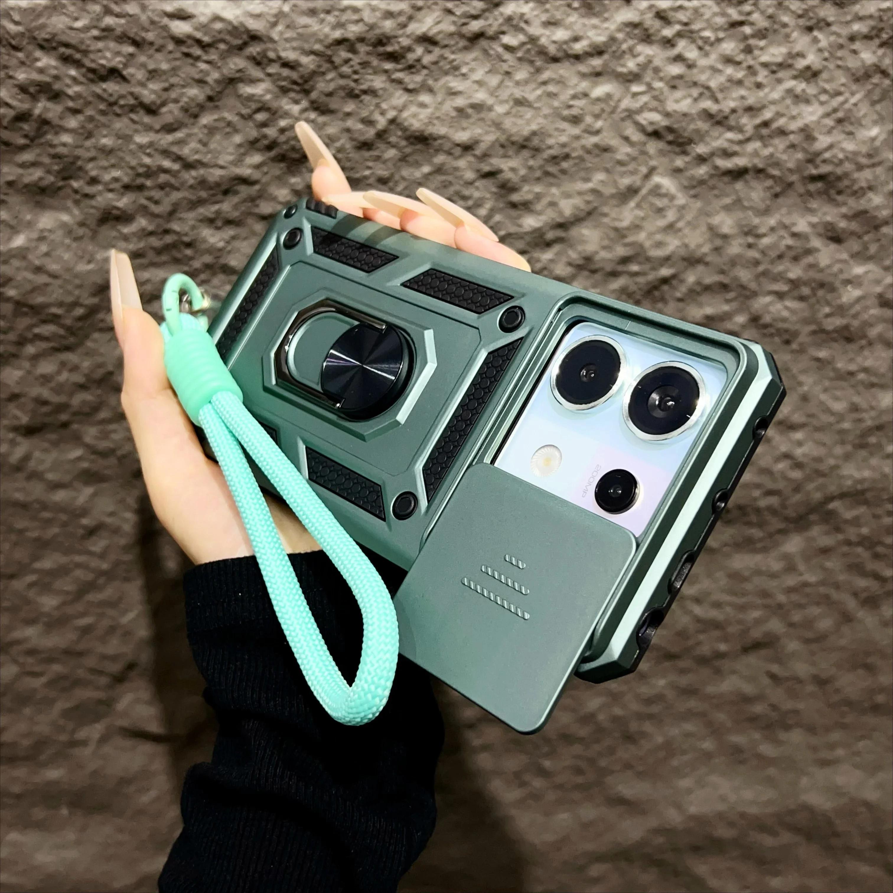 

For Xiaomi 14T Pro Case Magnetic Ring Stand With Lanyard Slide Camera Protection Armor Cover for Redmi Note 13 12 Pro 5G 4G 13C For Xiaomi 14T&Case & Strap зелёный