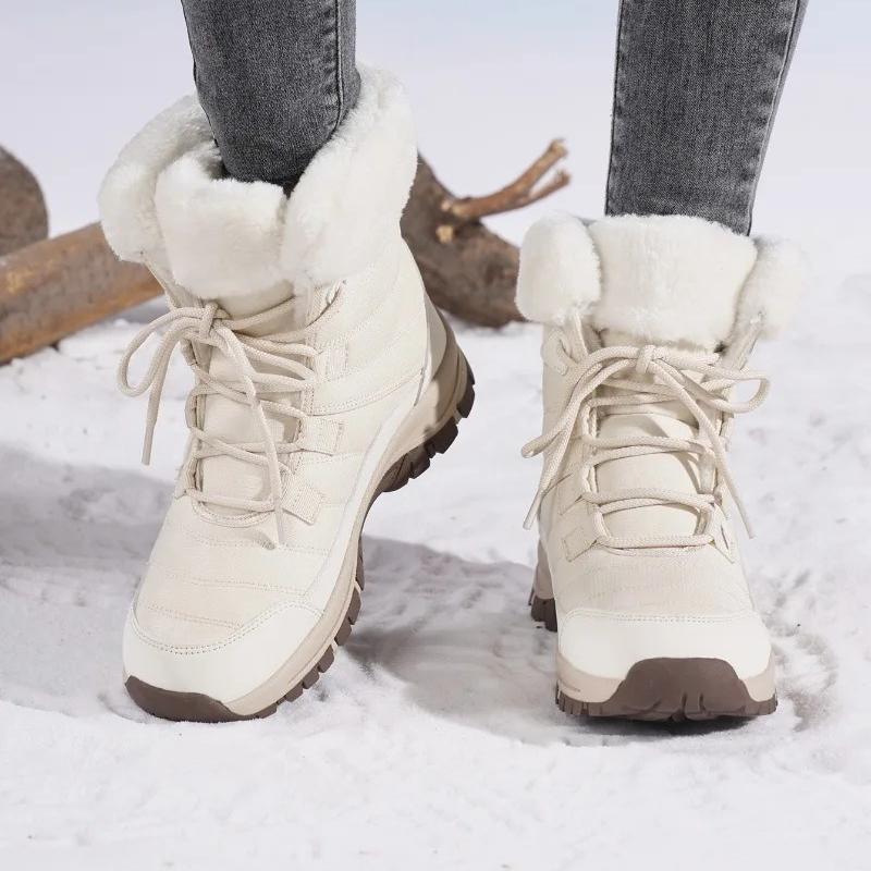 Women Winter Snow Boots Plush Lace Up Mid Calf Boots Thick Sole Warm Cotton Shoes Outdoor Hiking Sneakers Non Slip