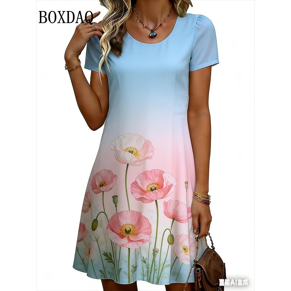 Women's Mini Dress Summer Fashion Gradient Floral Graphic Short Sleeve Dress Casual Round Neck Flower Printed Loose Female Dress
