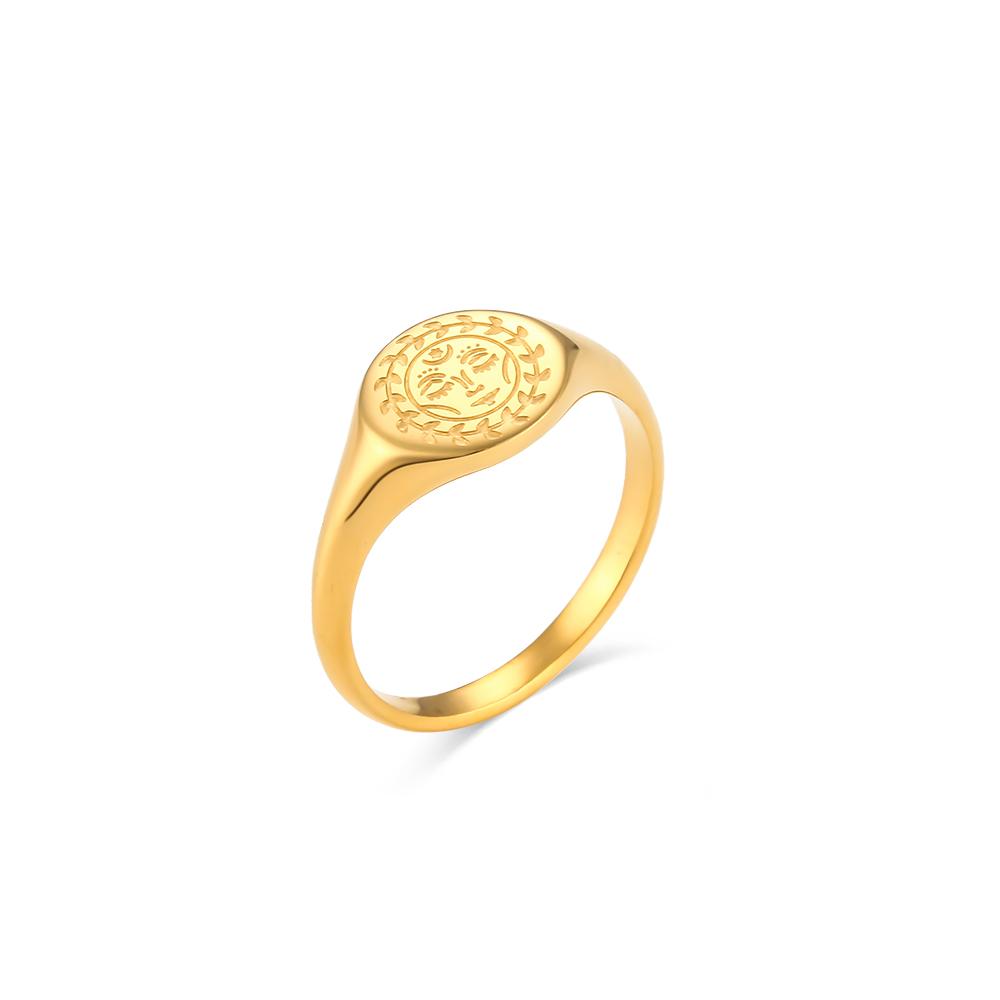 E.B.belle Creative Eagraved Facial Expression of Moon Sun Star Gold Plated Ring Tarnish Free Stainless Steel Godness Signet Ring