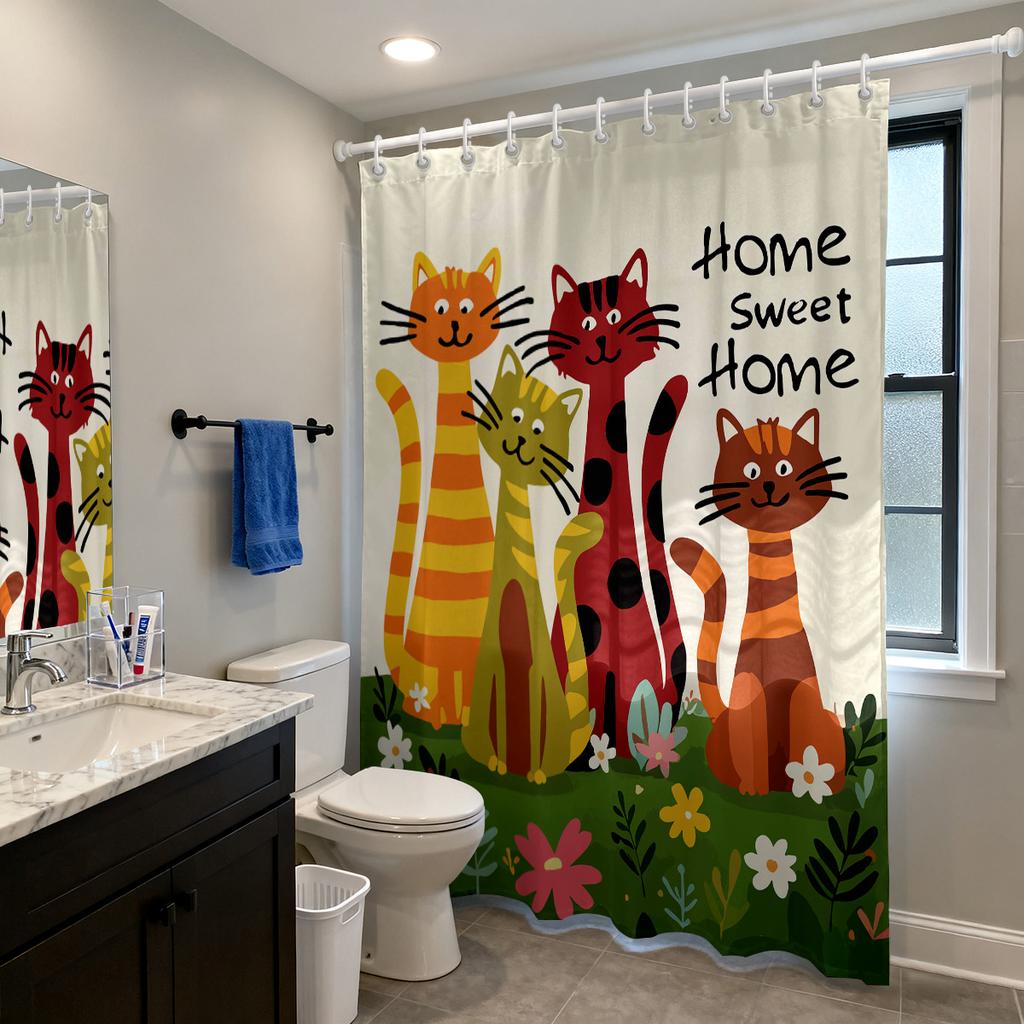 1pc Cute Cartoon Cat Printed Waterproof Shower Curtain Partition Privacy Hanging Curtain with 12 Hooks Multiple Sizes