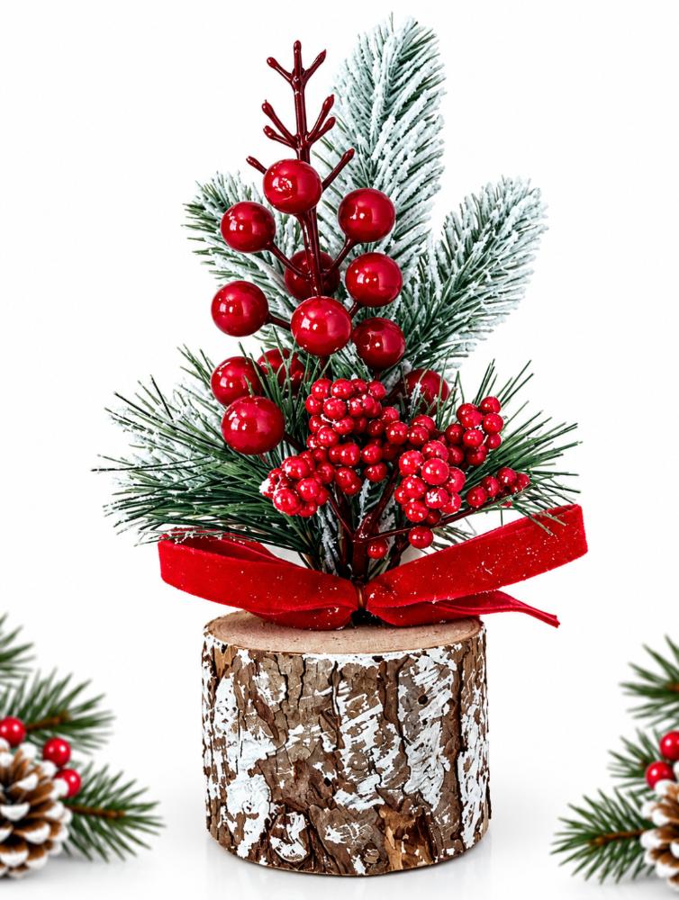 Christmas Decoration on a Stump with Snow-Covered Branches, Red Berries, and a Bow 22