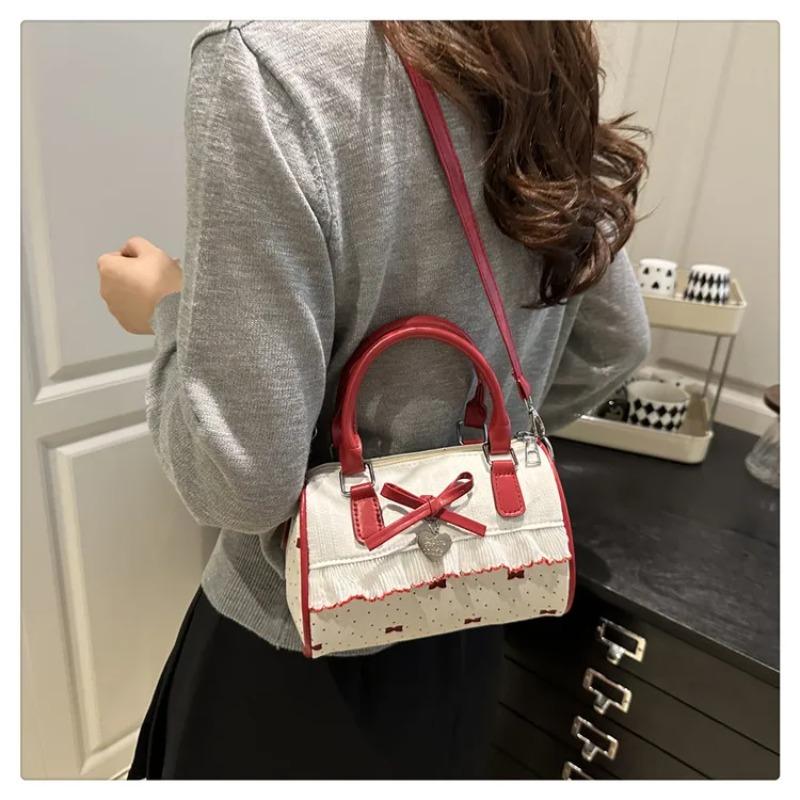 Cute Bow Polka Dot Lace Shoulder Bags for Women Sweet Patchwork Design Girls Crossbody Bag Outing Portable Ladies Pillow Handbag