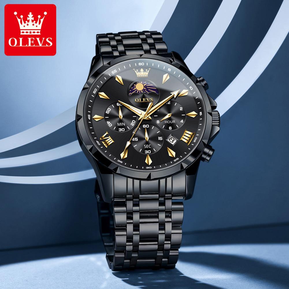 OLEVS Original Chronograph Quartz Watch For Men Moon Phase Stainless Steel Waterproof Man Watch Date Fashion Wrist Watch