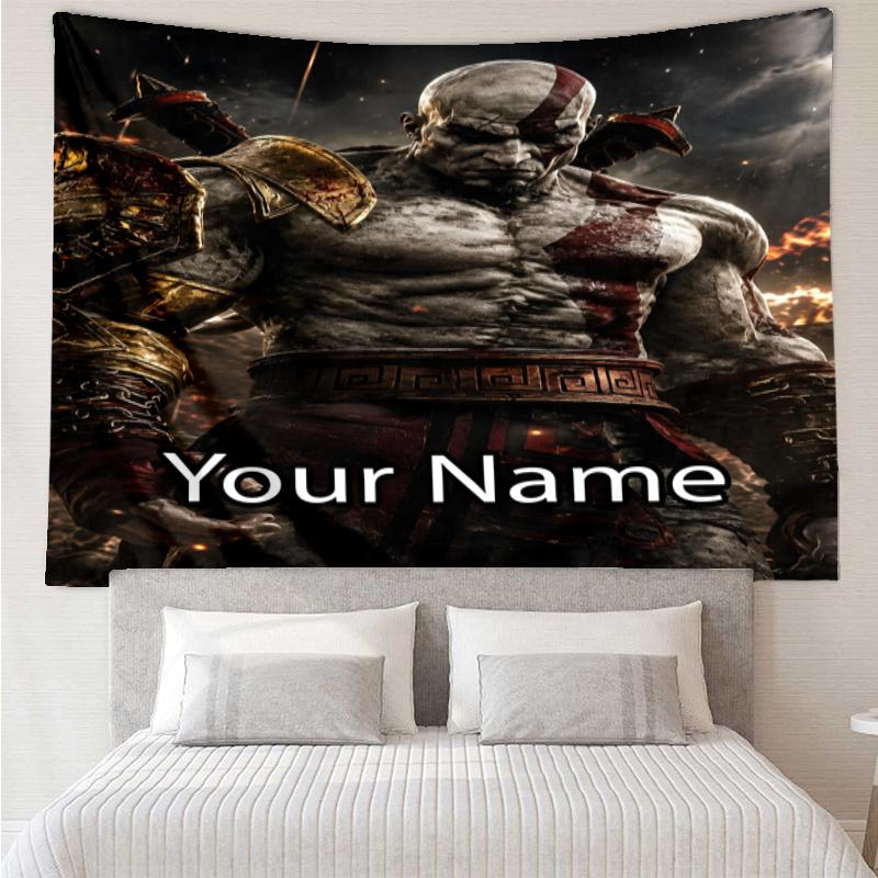 Custom Name God of War Print Tapestry, Backdrop, Easy Setup, Ideal for Bedroom, Office & Living Room, with Aesthetic Wall Hanging Decor.