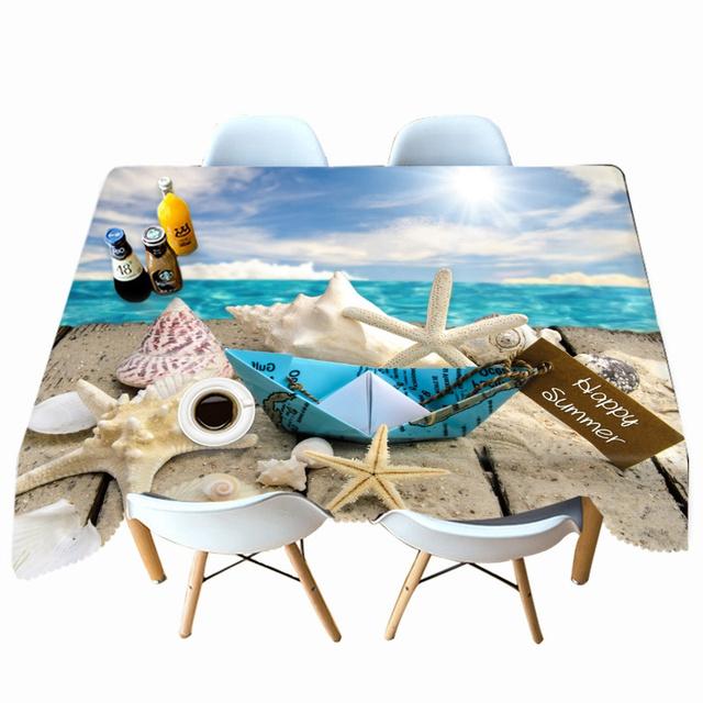 Thicken Cotton Tablecloth Big Conch Starfish On The Beach Pattern Rectangular Round Table Cloth For Wedding Picnic Party