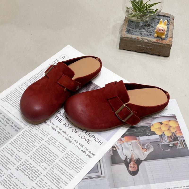 Cowhide bag head slippers women wear flat-bottomed retro lazy half-drag spring and autumn new soft-soled shoes