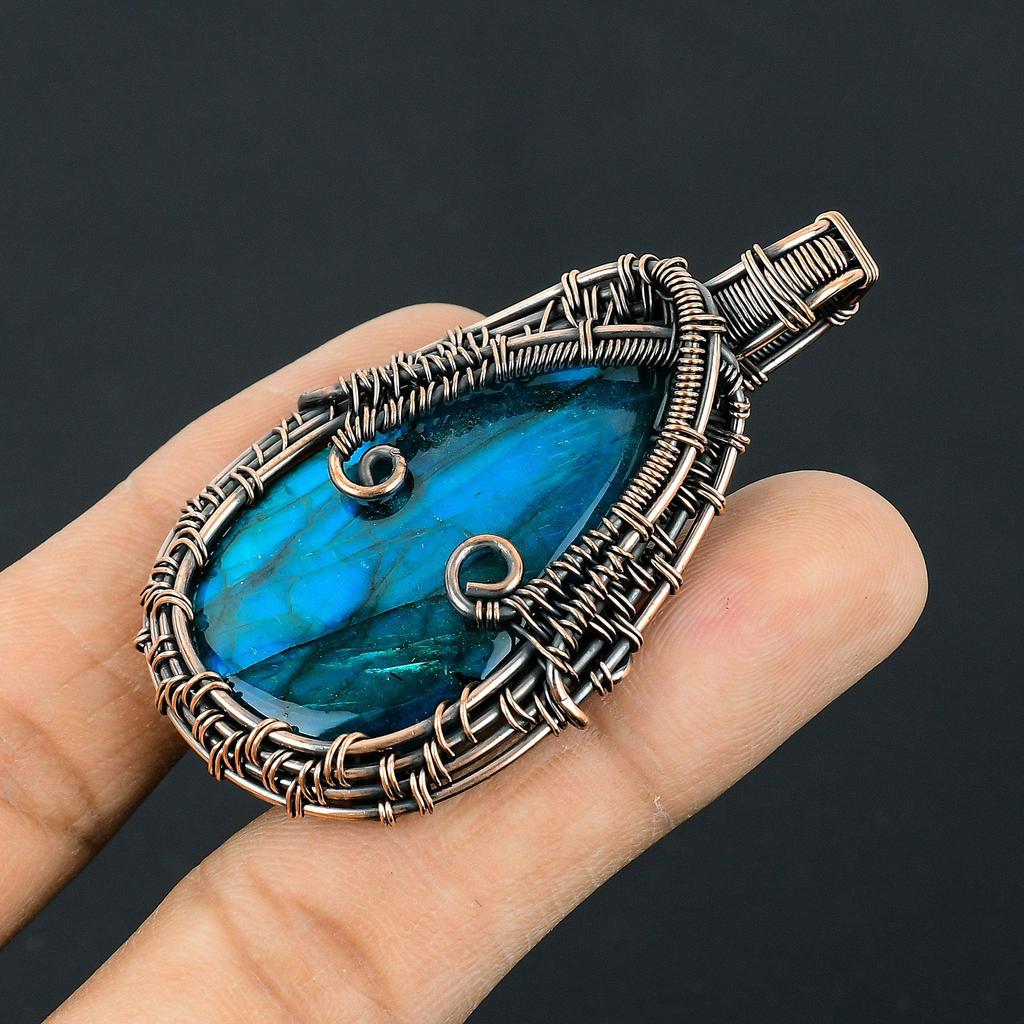 Labradorite Pendant, Handmade Gemstone 999 Copper Wire Wrapped Pendant Antique Jewelry, For Gift Silver Jewelry