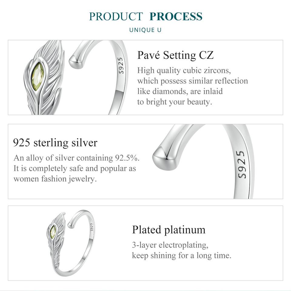 BAMOER 925 Sterling Silver Peacock Feather Opening Ring Zircon Adjustable Ring for Women Party Jewelry Gift