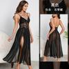 European and American sexy lace perspective high split long nightdress multi-color dark V pearl decorative suspender skirt