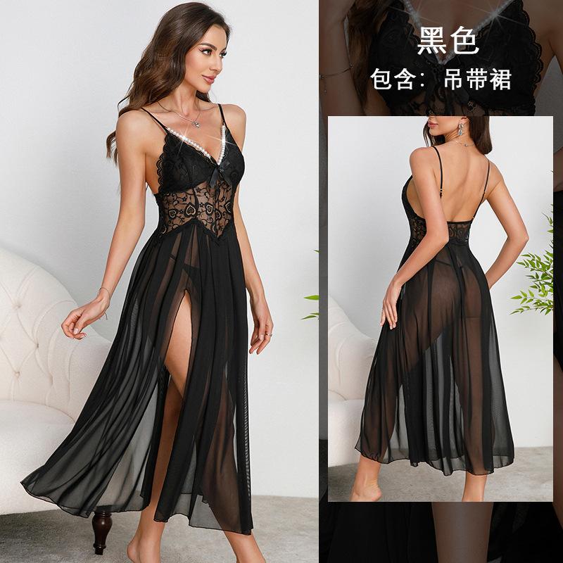 European and American sexy lace perspective high split long nightdress multi-color dark V pearl decorative suspender skirt