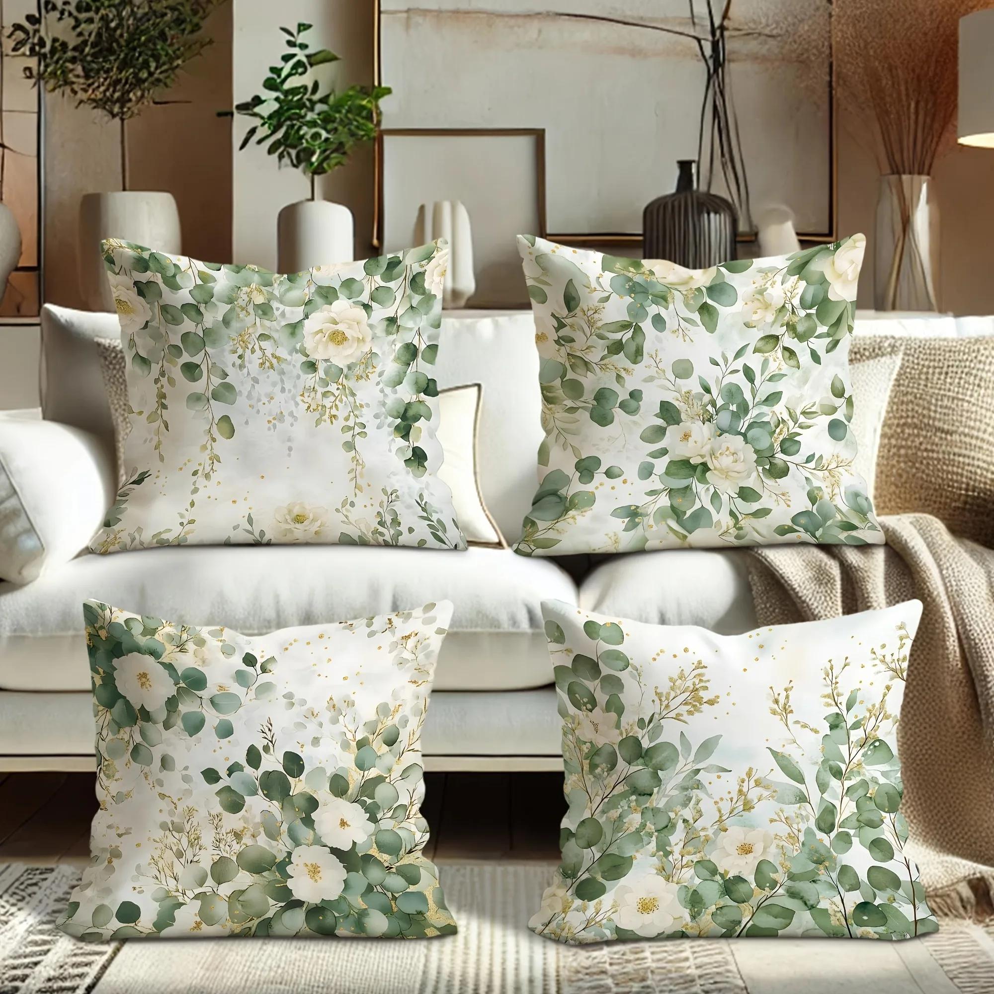4 Stück Frische Grüne Pflanzen Floralmuster Heimdekoration Kissenbezug Wohnzimmer Sofa Polyester Kissenbezug mit Reißverschluss Linen 45*45(CM)-1Pcs
