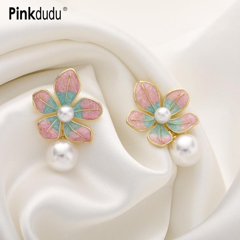 Pinkdudu Blume Zinklegierung Ohrringe Einfache Glas Tropfen Harz Perle Trendige Hängeohrringe Damen Schmuck PD2273