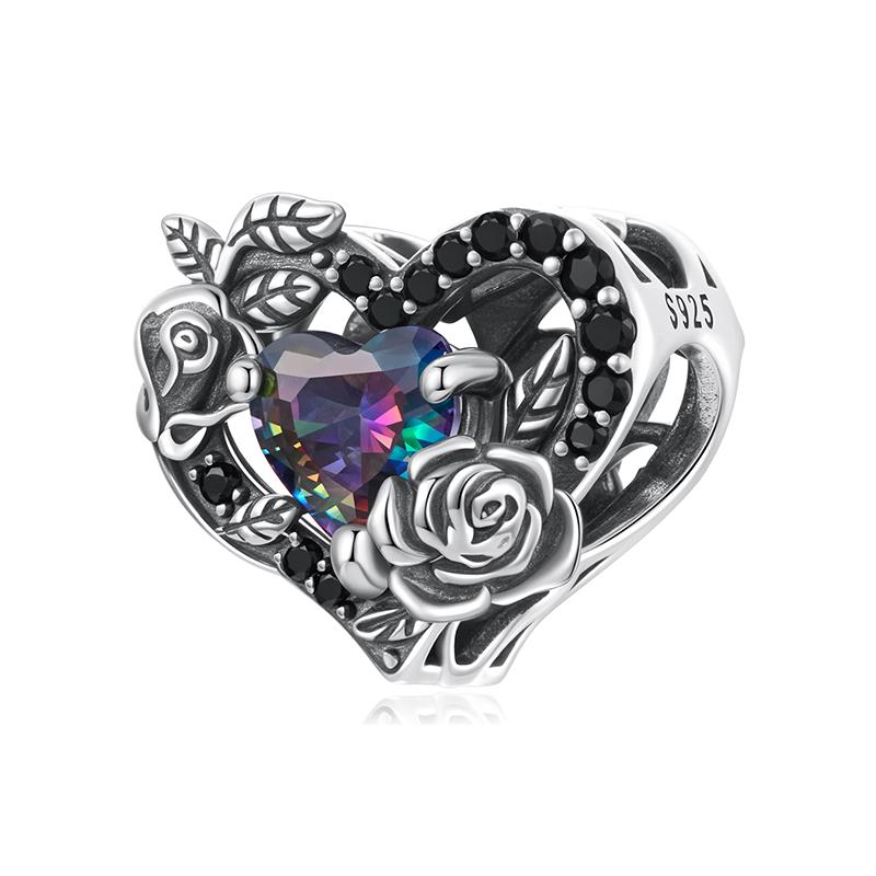WOSTU 925 Silver Vintage Gothic Black Rose Flower Heart Beads, Retro Pearl Pendant Rainbow Charms Fit DIY Jewelry Make
