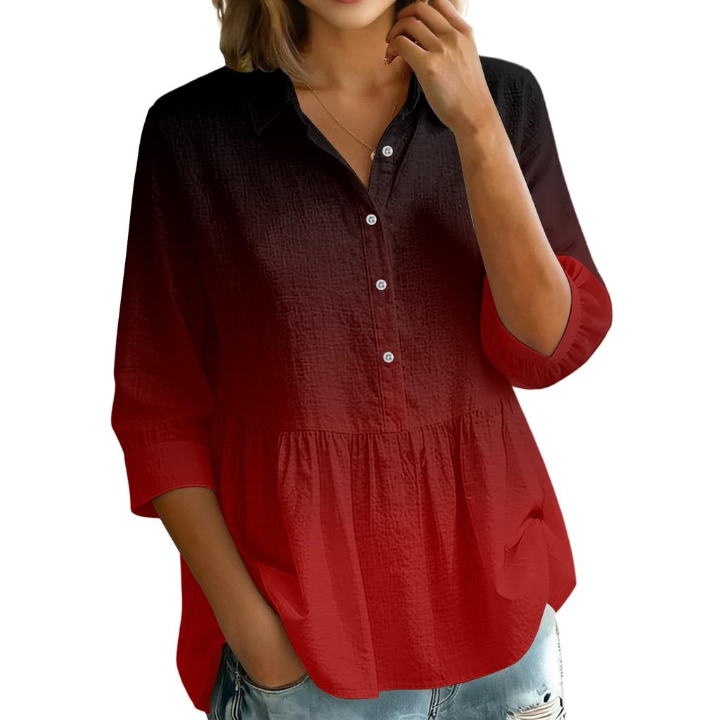 Women's Gradient Print Button Down Blouse - Three Quarter Sleeve, Notched Lapel, Loose Fit Casual Shirt Top