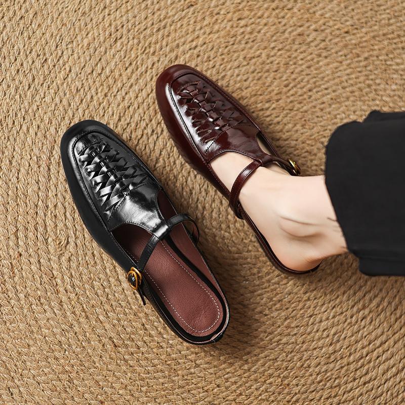Fashion Women's New Summer Genuine Leather Metal Belt Buckle, Comfortable, Breathable, Low Heel, Large Toe, M Ü Ller Slippers