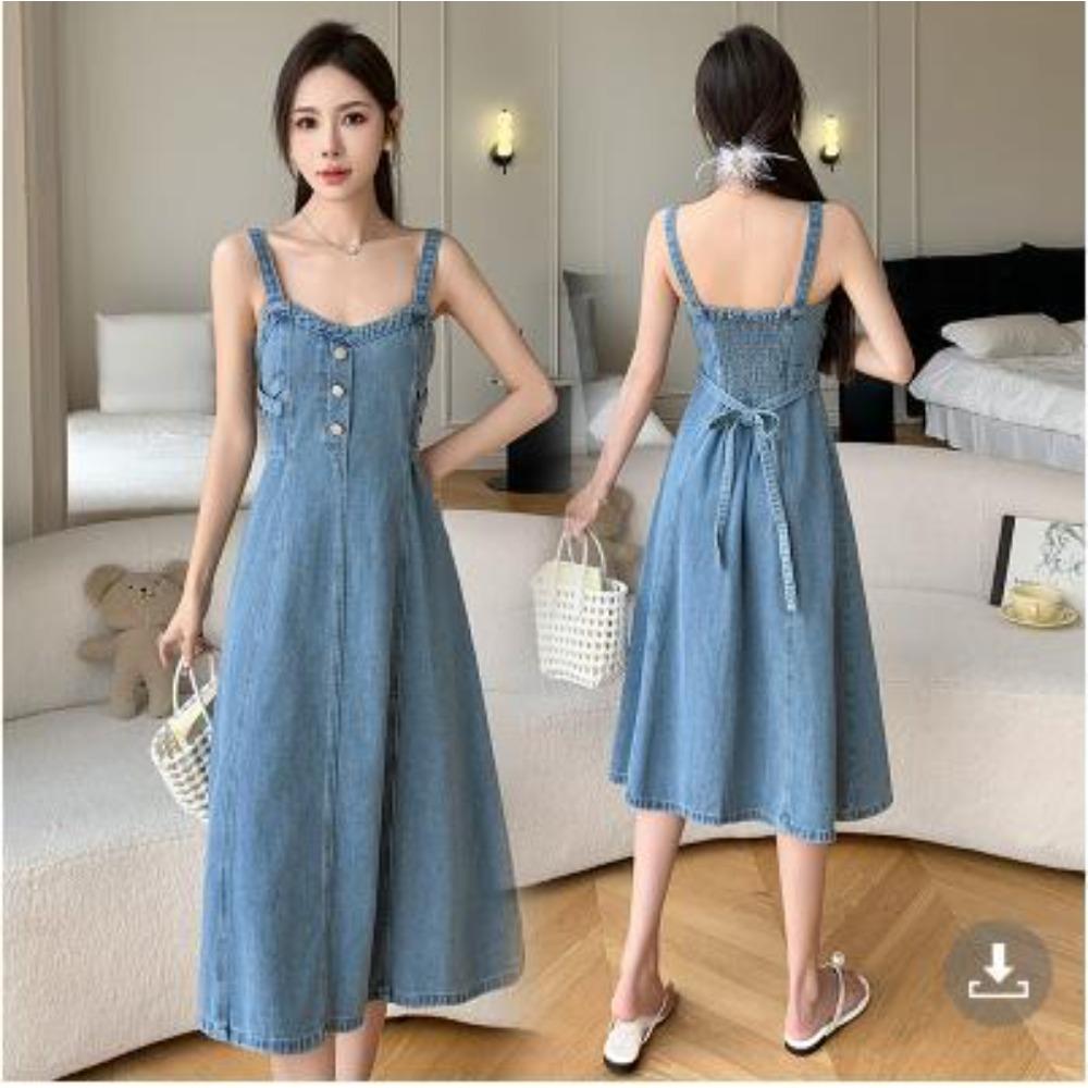 Vestito Salopette in Denim Lavato Retrò da Donna Vestibilità Larga Lungo Maxi Linea ad A Casual Tuta Vestito