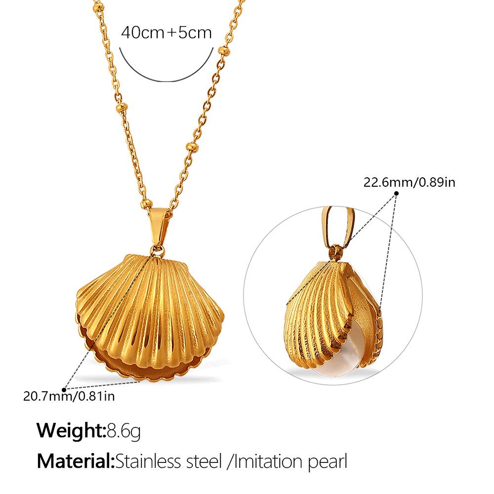 

Three-dimensional Imitation Pearl Design Scallop Necklace and Earrings Accessories 18K Gold Plated Shell Set Jewelry