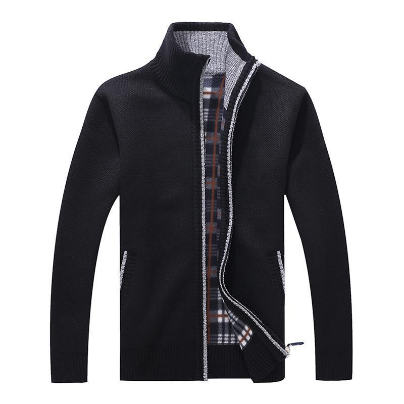 Men's Fleece-Lined Stand-Up Collar Cardigan: Thick, Solid Color, Plus Size Knit for Autumn/Winter.