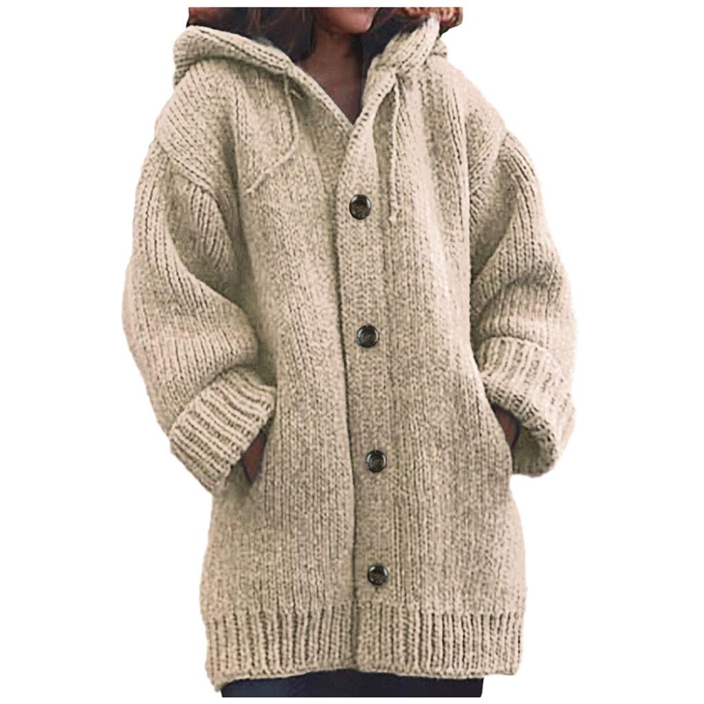 Frauen Casual Warm Lose Knopf Hoodie Stricken Pullover Lange Tops Bluse Pullover