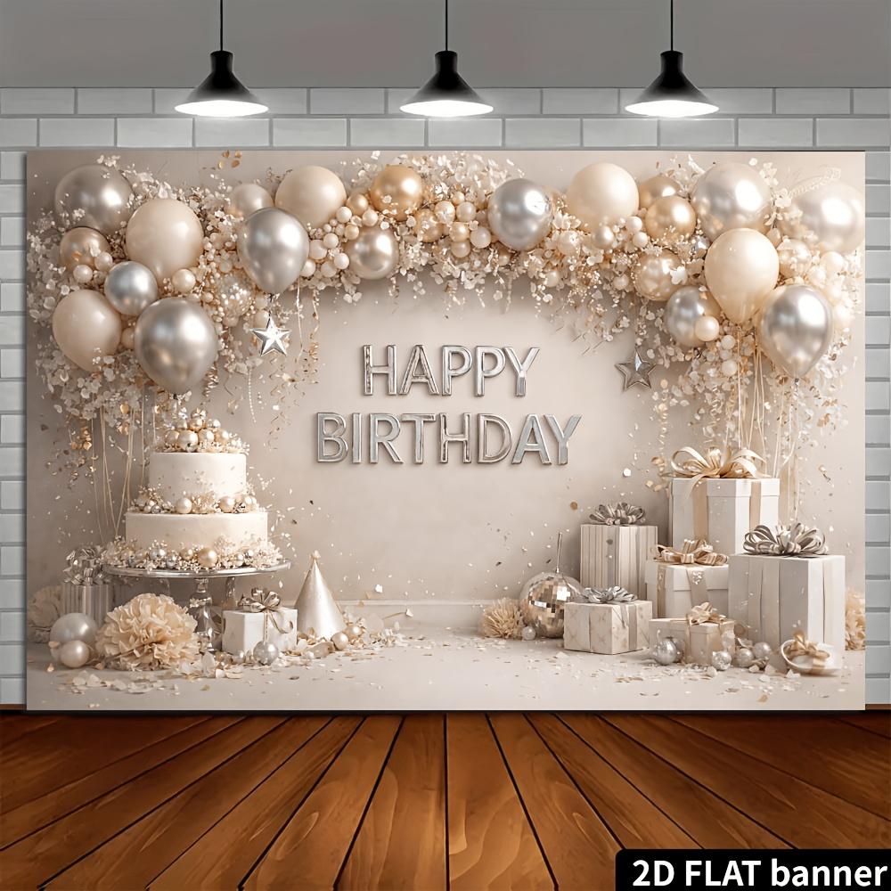 2D plane gold and silver balloons birthday party background fabric, champagne-colored balloon cake box, durable polyester