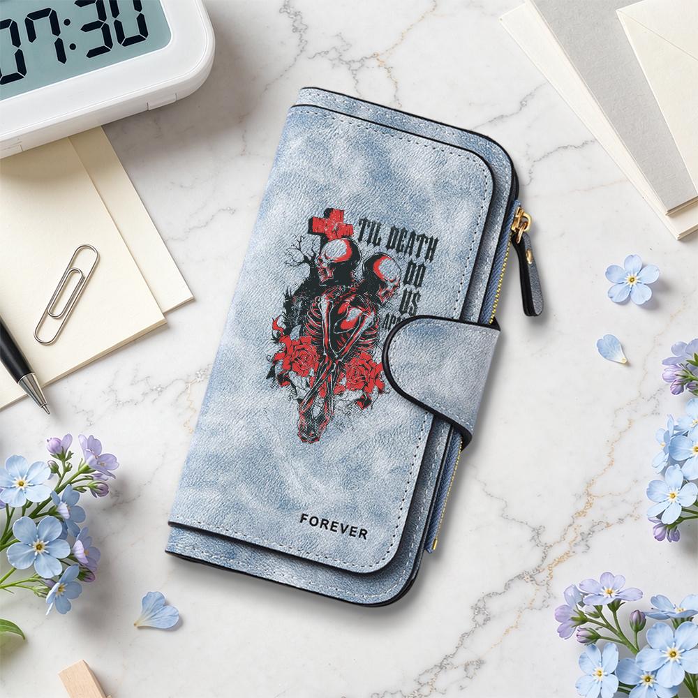 Gothic Skull Rose Long Wallet for Ladies Casual Portable Card Cash Holder Fashion Dark Style Purse