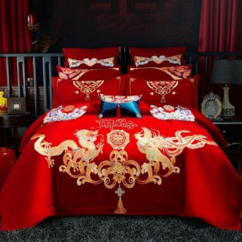 New Chinese style big red embroidery wedding quilt cover polished wedding room bedding wedding four-piece multi-piece set
