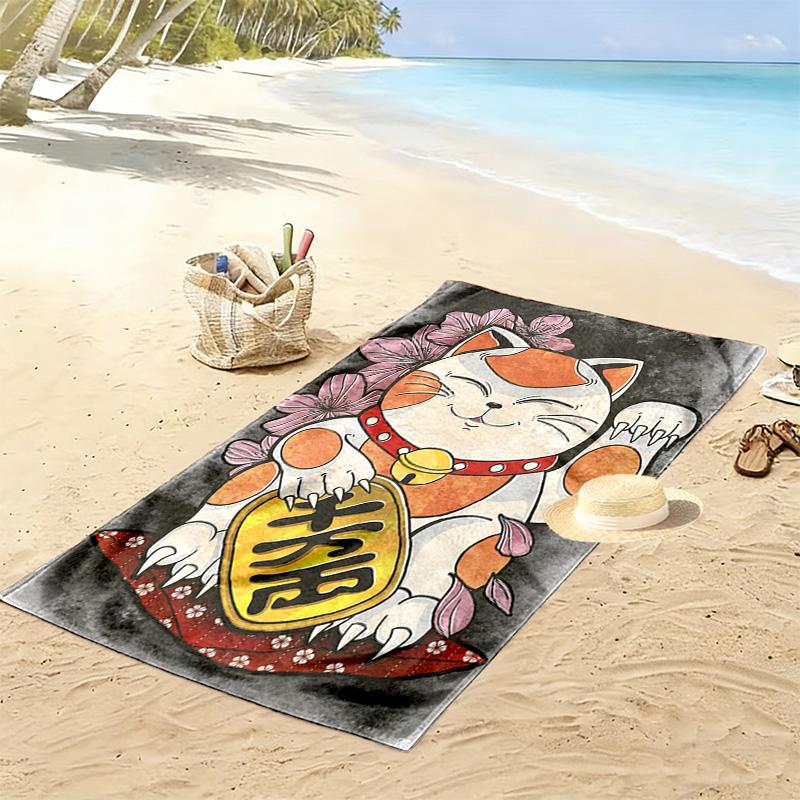 Lucky Cat 2D Flat Print Beach Towel, Large Soft Quick Dry Towel for Beach Camping SwimmingZSTJ0915220