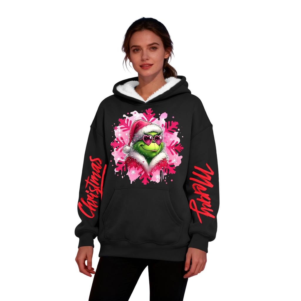 Damen Casual Mode Plus Samt Verdicktes Weihnachtsdruck Kapuzensweatshirt