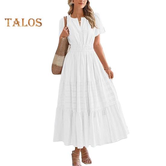 Damska letnia sukienka maxi, swobodna, dekolt w serek, krótki rękaw, warstwowa, luźna sukienka, marszczona talia, plisowana długa sukienka